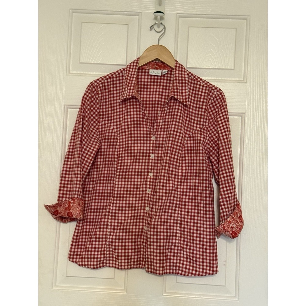 Vtg Kim Rogers Red Gingham Tomatoe Girl Summer 3/4 Sleeve Top Floral Cuffs PXL